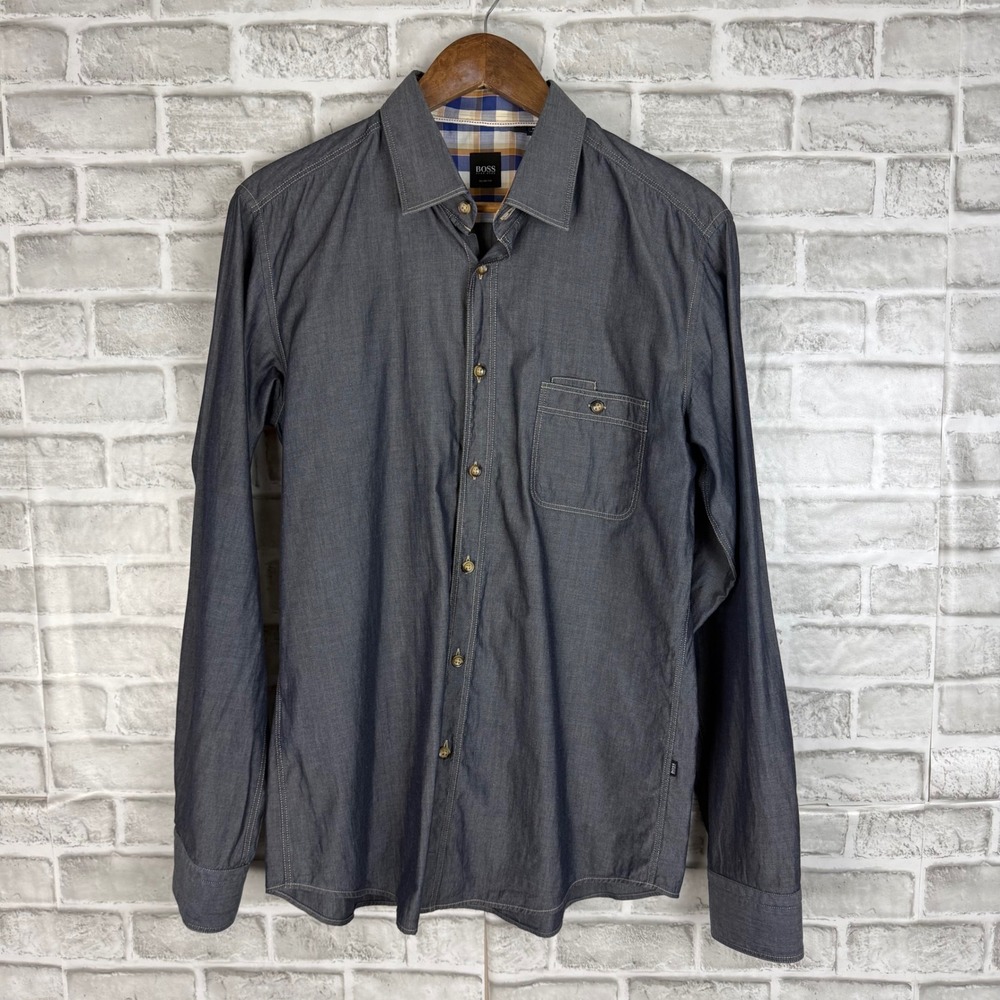 Hugo Boss Mens Slim Fit Long Sleeve Button Down Shirt Grey Cotton Large L